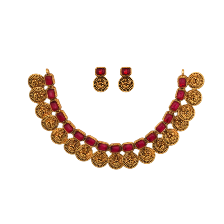 Gold Ruby Kempu Kasu Necklace-Kempu Kasu -Necklace-Pratisona